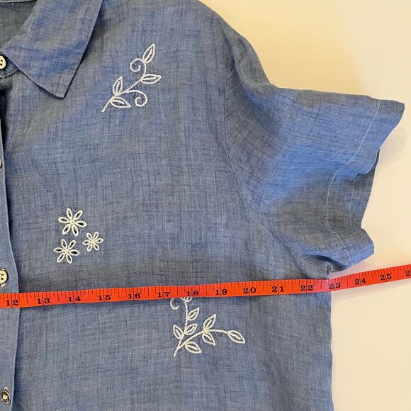 VTG Josephine Chaus 100% Linen Embroidery Button Up Shirt L Blue Coastal Grandma - Picture 11 of 13